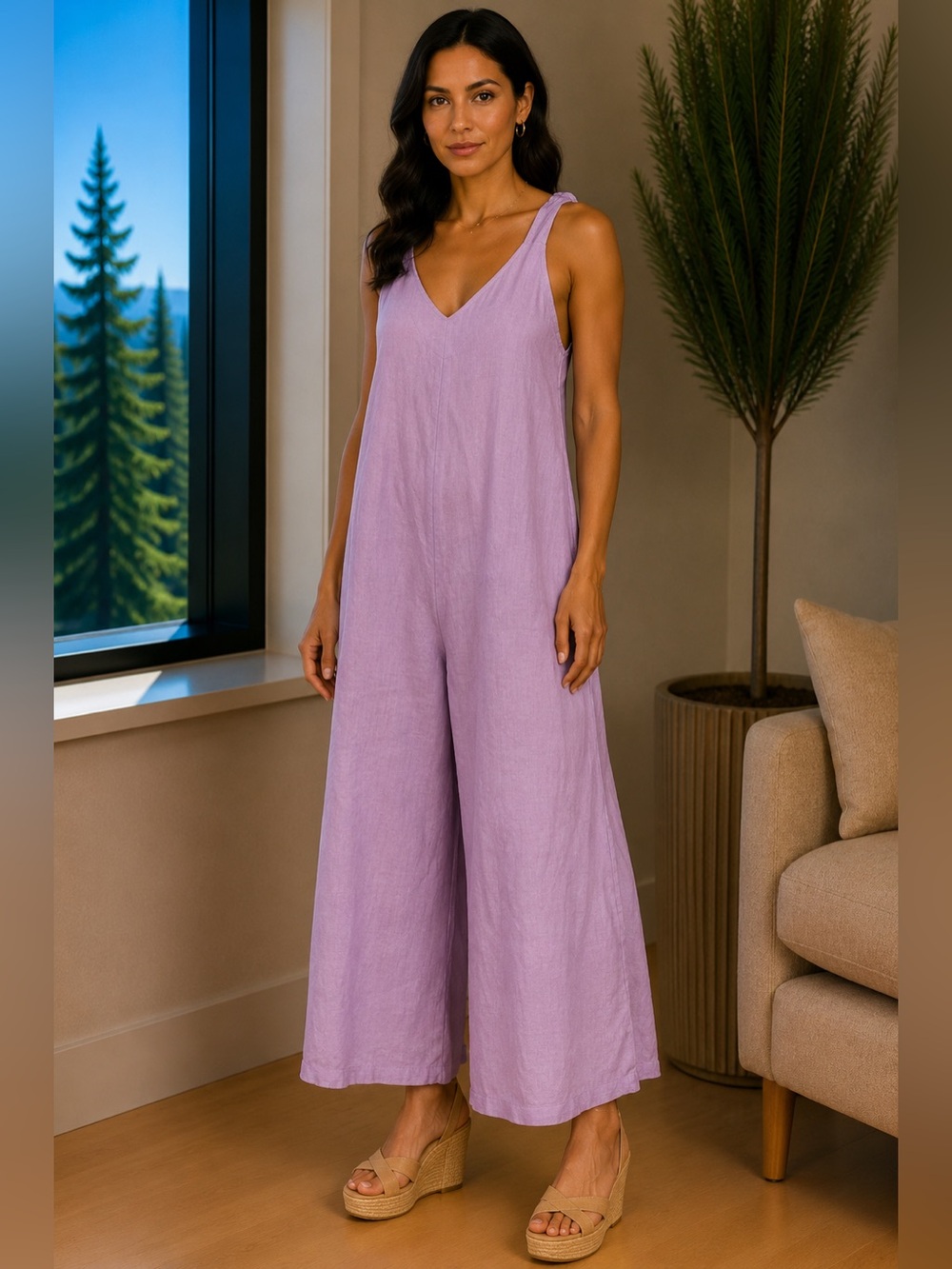 Made in Italy Lilac Lavender V-neck Linen Jumpsuit size M